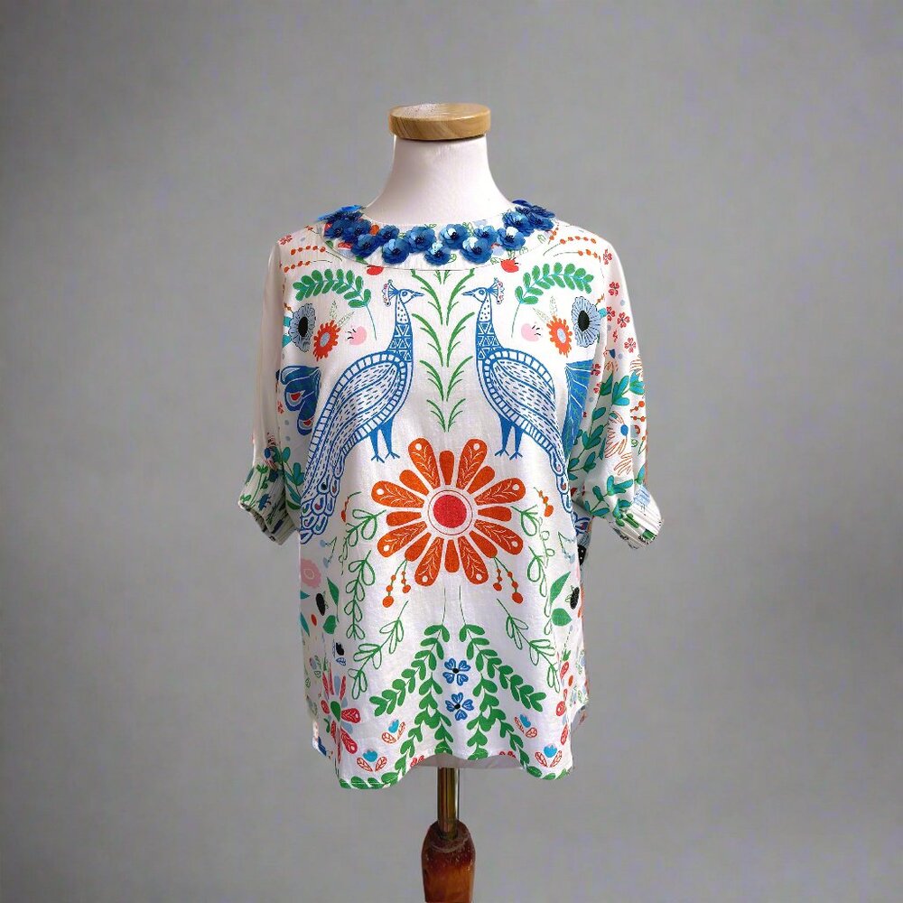 Sheridan French blue peacock print blouse, size S